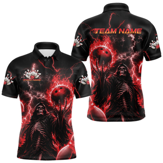 Maxcorners Custom Red Fire Flame Bowling Grim Reaper Skull Men Polo Shirt, Halloween Bowler Outfit