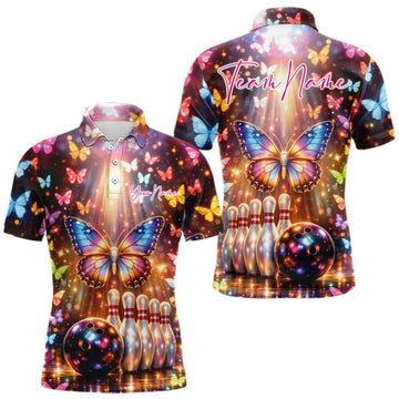 Maxcorners Custom Colorful Butterfly Bowling Men Polo Shirt, Bowling Tournament Team Shirt 4 LM1903