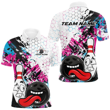 Maxcorners Custom Blue And Pink Funny Bowling Team Men Polo Shirt, Bowling Jersey Bowler Gift LM2709