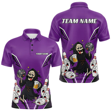 Maxcorners Custom Purple Funny Grim Reaper Bowling And Beer Men Polo Shirt, Halloween Bowling Jersey
