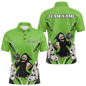 Maxcorners Custom Green Funny Grim Reaper Bowling And Beer Men Polo Shirt, Halloween Bowling Jersey