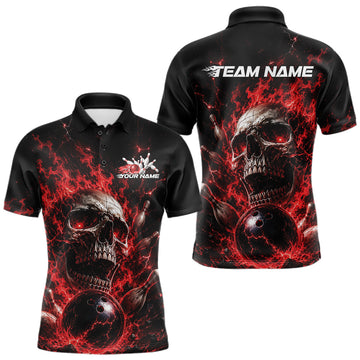 Maxcorners Custom Red Flame Skull Halloween Bowling Men Polo Shirt, Bowling Jersey