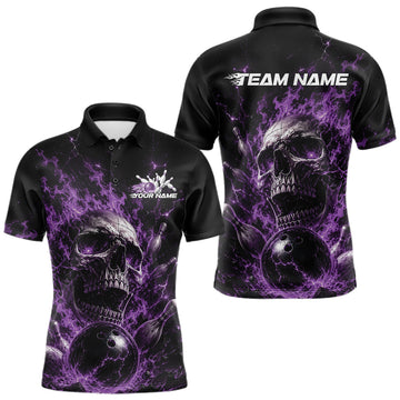 Maxcorners Custom Purple Flame Skull Halloween Bowling Men Polo Shirt, Bowling Jersey