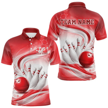 Maxcorners Custom Red Halftone Dots Hexagon Bowling Team Jerseys, Men Polo Bowling Shirt LM2704