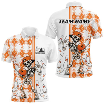 Maxcorners Custom Orange Argyle Pattern Funny Skeleton Halloween Bowling Men Polo Shirt LM0409