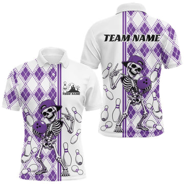 Maxcorners Custom Purple Argyle Pattern Funny Skeleton Halloween Bowling Men Polo Shirt LM0409
