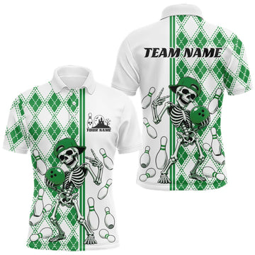 Maxcorners Custom Green Argyle Pattern Funny Skeleton Halloween Bowling Men Polo Shirt LM0409