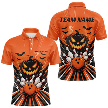 Maxcorners Custom Funny Orange Jack O Lantern Halloween Bowling Men Polo Shirt, Team Outfit LM0409