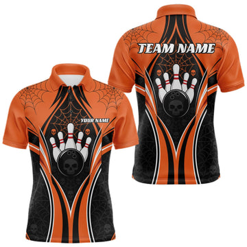 Maxcorners Custom Black And Orange Skull Bowling Ball And Spider Web Halloween Men Polo Shirt LM0409