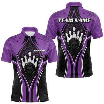 Maxcorners Custom Black And Purple Skull Bowling Ball And Spider Web Halloween Men Polo Shirt LM0409