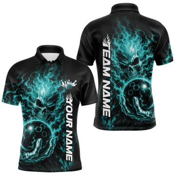 Maxcorners Custom Turquoise Blue Flame Skull Halloween Bowling Team Men Polo Shirt, Bowling Jersey LM0409