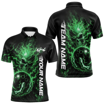 Maxcorners Custom Black And Green Flame Skull Halloween Bowling Team Men Polo Shirt, Bowling Jersey LM0409