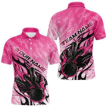 Maxcorners Custom Breast Cancer Awareness Flame Pink Ribbon Bowling Team Men Polo Shirt LM0409