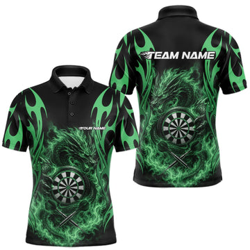 Maxcorners Custom Black And Green Tribal Flame Dragon Dart Jersey, Dart Team Men Polo Shirt LM0409
