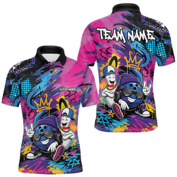 Maxcorners Custom Funny Colorful Graffity Hiphop Bowling Ball And Pin Bowling Men Polo Shirt