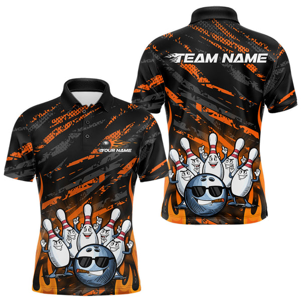 Maxcorners Custom Orange Camo Funny Flame Bowling Men Polo Shirts, Bowling Team League Shirt LM0611