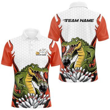 Maxcorners Custom Funny Alligator Bowling Men Polo Shirt, Alligator Orange Bowling Team League Shirt
