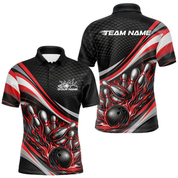 Maxcorners Custom Red Flame Bowling Men Polo Shirt, Bowling Team League Shirt Bowler Jerseys LM1705