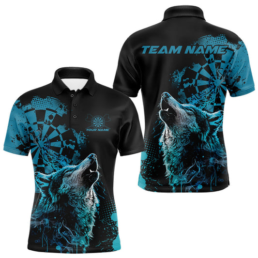 Maxcorners Custom Black And Blue Splatter Grunge Dart Wolf Men Polo Shirts, Wolf Dart Team Jerseys LM0404