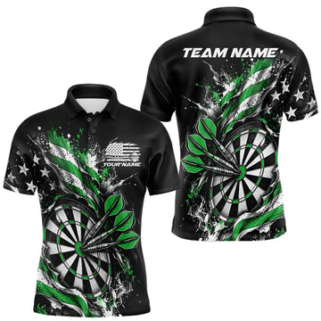 Maxcorners Custom Patriotic Bullseye Dart Men Polo Shirt, Green American Flag Dart Team Jersey