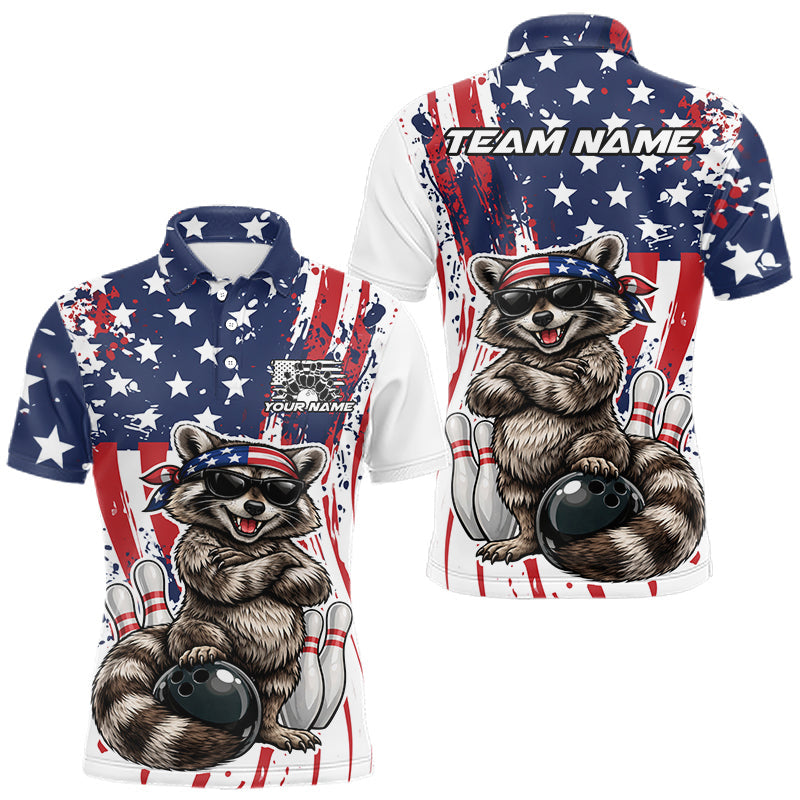 Maxcorners Funny Raccoon Custom Patriotic Bowling Team Jersey, Bowling Polo Shirt For Men
