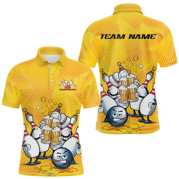 Maxcorners Custom Funny Bowling And Beer Men Polo Shirts, Bowling Ball And Pins Party Jerseys LM1109