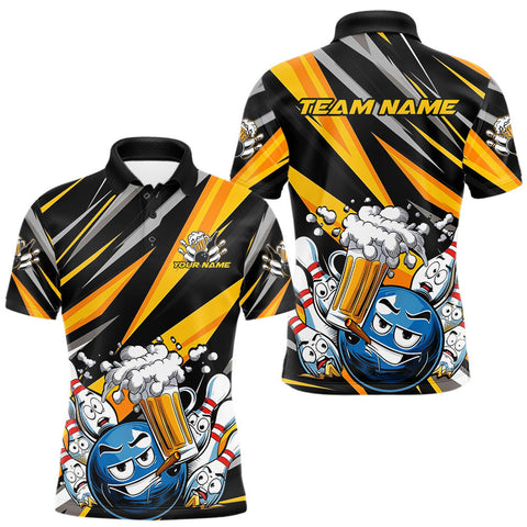 Maxcorners Custom Black And Yellow Funny Bowling And Beer Party Polo Shirts For Men, Bowler Outfit LM1109