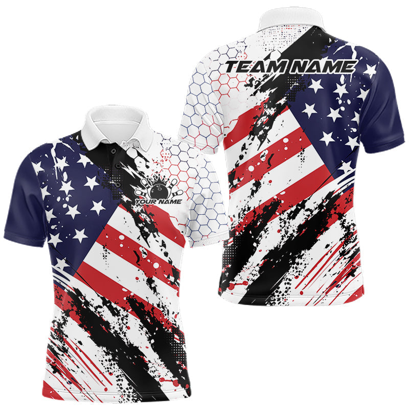 Maxcorners Grunge Style American Flag Custom Patriotic Bowling League Men Polo Shirt For Team