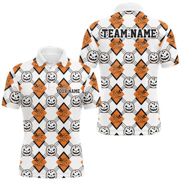 Maxcorners Custom Cute Funny White And Orange Halloween Bowling Argyle Pattern Men Polo Shirt