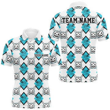 Maxcorners Custom Cute Funny Turquoise Blue Halloween Bowling Argyle Pattern Men Polo Shirt