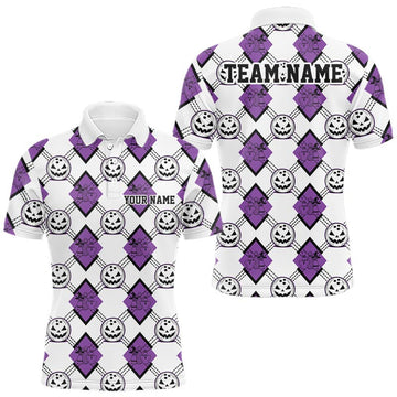 Maxcorners Custom Cute Funny White And Purple Halloween Bowling Argyle Pattern Men Polo Shirt