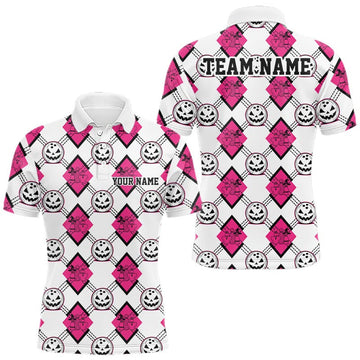 Maxcorners Custom Cute Funny White And Pink Halloween Bowling Argyle Pattern Men Polo Shirt