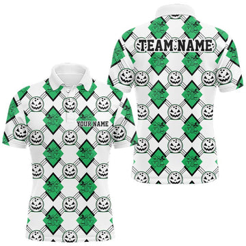 Maxcorners Custom Cute Funny Jade Green Halloween Bowling Argyle Pattern Men Polo Shirt