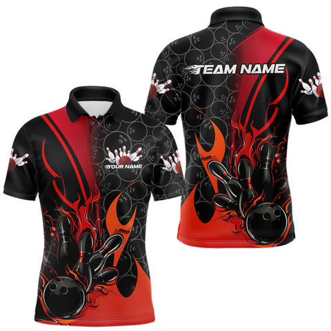 Maxcorners Custom Red Flame Bowling Pattern Bowling Men Polo Shirt, Bowling Team League Shirt TU1609