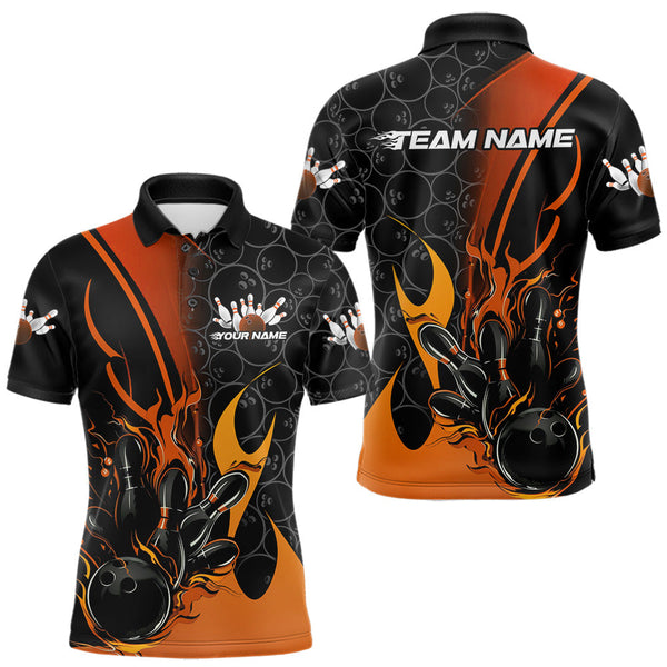 Maxcorners Custom Orange Flame Bowling Pattern Bowling Men Polo Shirt, Bowling Team League Shirt TU1609