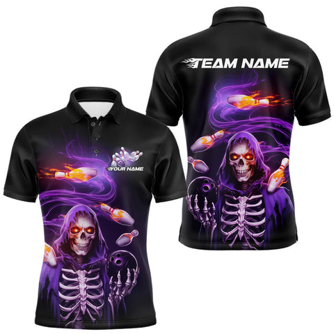 Maxcorners Custom Purple Flame Skeleton Grim Reaper Bowling Men Polo Shirt, Halloween Bowling Jersey MT2009