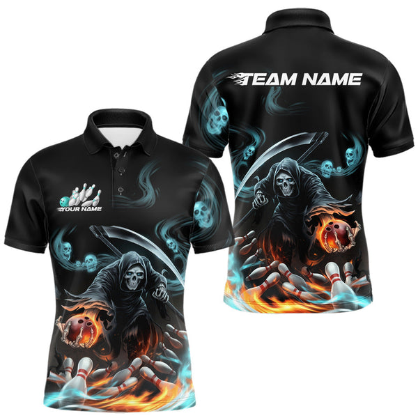 Maxcorners Custom Blue Skull Smoke Grim Reaper Bowling Men Polo Shirt, Halloween Bowling Jerseys MT2009