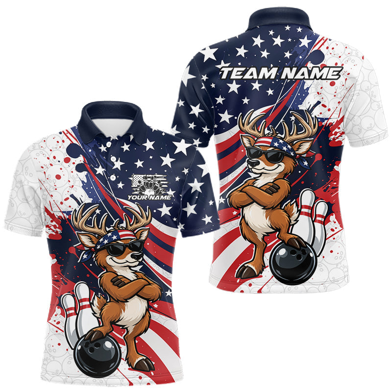 Maxcorners Splatter American Flag Custom Funny Patriotic Deer Bowling Men Polo Shirt, Team Uniform
