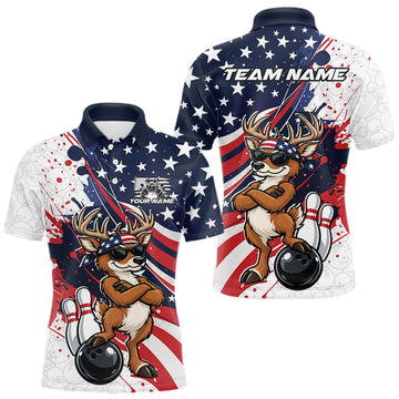 Maxcorners Splatter American Flag Custom Funny Patriotic Deer Bowling Men Polo Shirt, Team Uniform