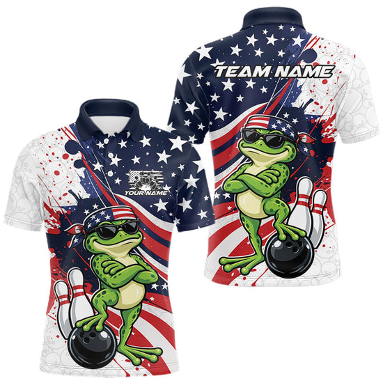 Maxcorners Splatter American Flag Custom Funny Patriotic Frog Bowling Men Polo Shirt, Team Uniform