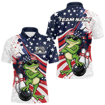 Maxcorners Splatter American Flag Custom Funny Patriotic Frog Bowling Men Polo Shirt, Team Uniform