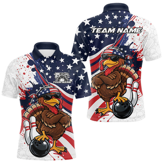 Maxcorners Splatter American Flag Custom Funny Patriotic Turkey Bowling Men Polo Shirt, Team Uniform