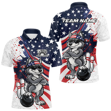 Maxcorners Splatter American Flag Custom Funny Patriotic Wolf Bowling Men Polo Shirt, Team Uniform