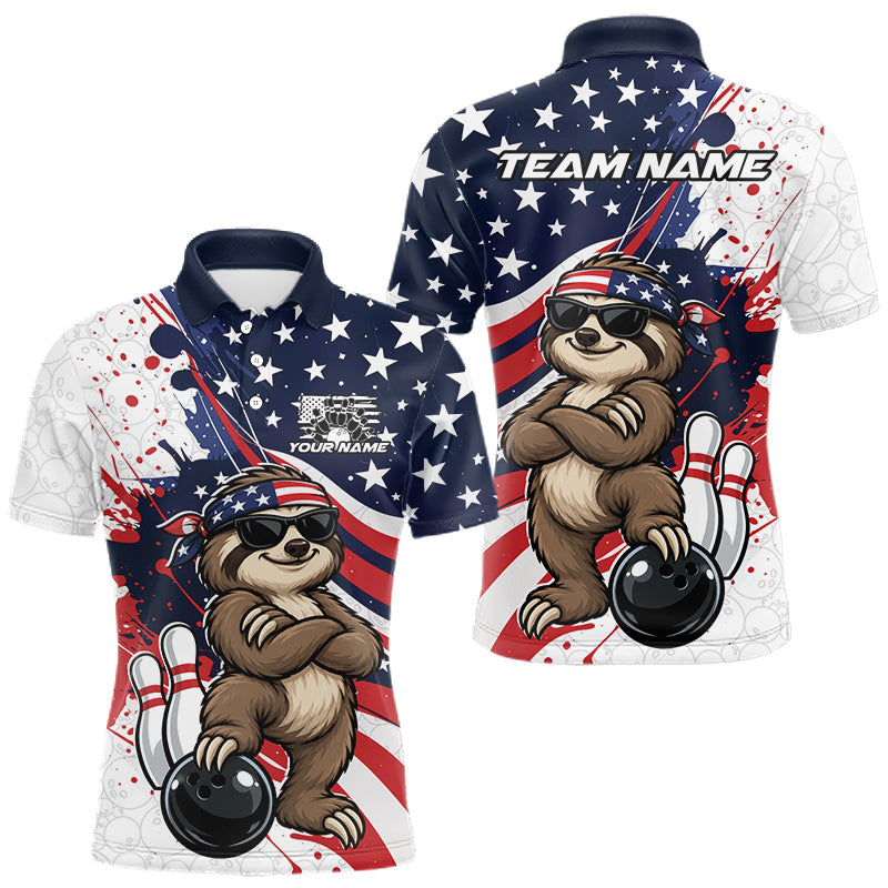 Maxcorners Splatter American Flag Custom Funny Patriotic Sloth Bowling Men Polo Shirt, Team Uniform