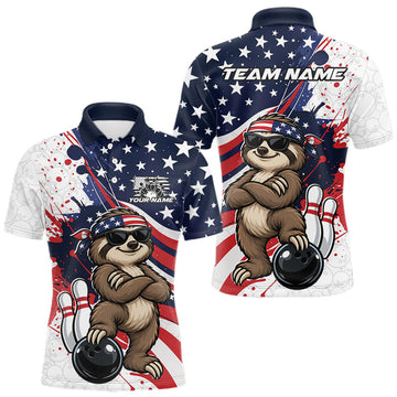 Maxcorners Splatter American Flag Custom Funny Patriotic Sloth Bowling Men Polo Shirt, Team Uniform