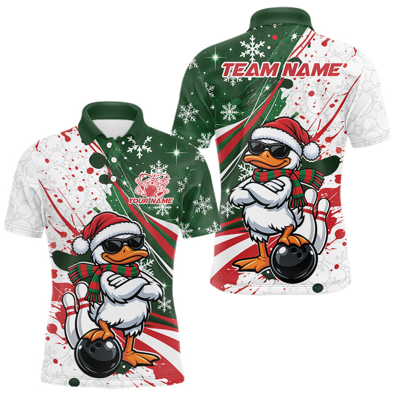 Maxcorners Custom Funny Christmas White Duck Bowling Men Polo Shirt, Xmas Bowler Gift