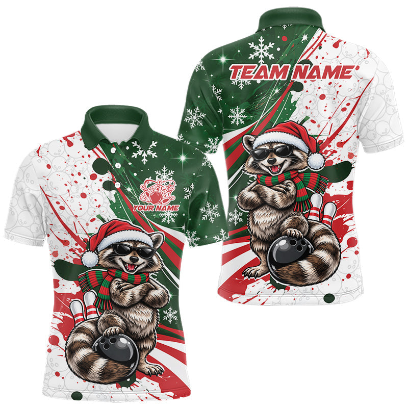 Maxcorners Custom Funny Christmas Raccoon Bowling Men Polo Shirt, Xmas Bowler Gift