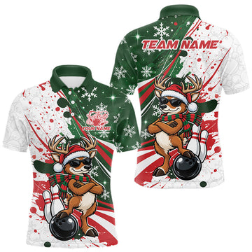 Maxcorners Custom Funny Christmas Deer Bowling Men Polo Shirt, Xmas Bowler Gift