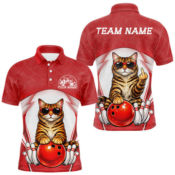 Maxcorners Custom Cool Maine Coon Cat With Funny Gesture Bowling Men Polo Shirt, Bowling Team Outfit