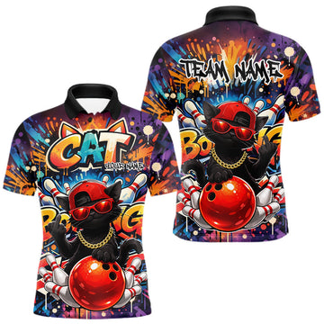 Maxcorners Custom Cool British Shorthair Cat With Funny Gesture Bowling Men Polo Shirt, Team Outfit